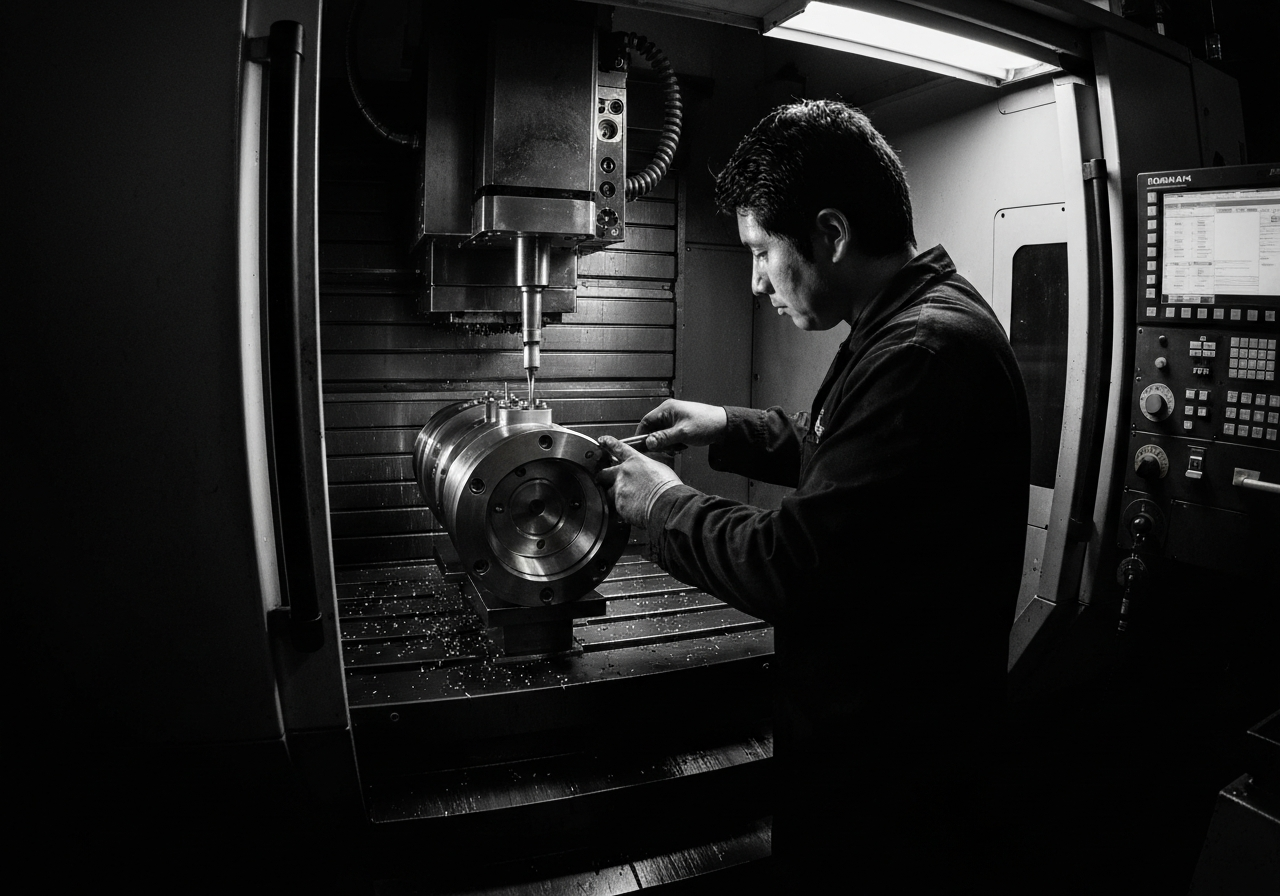 Imagen de primer plano de una pieza metálica compleja con formas orgánicas siendo maquinada por una herramienta de corte en una máquina CNC de 5 ejes, con iluminación industrial suave.