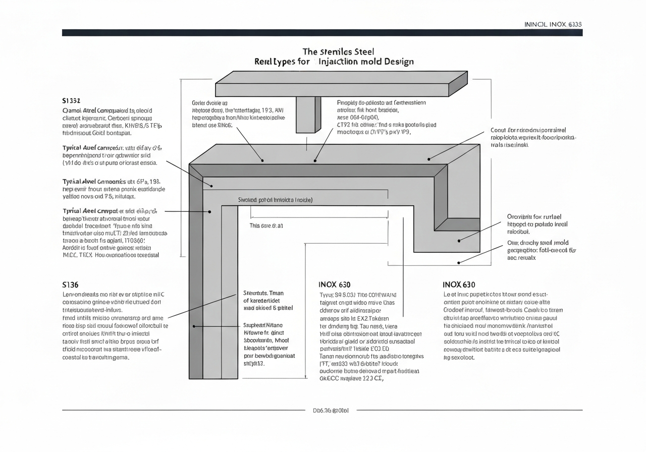 Diagrama de materiales comunes para moldes de inyección, incluyendo P20, H13 y 420SS, con sus características principales.