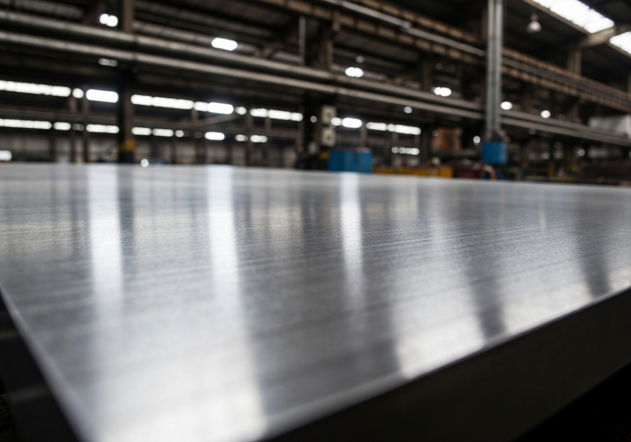 Una toma de primer plano detallada de una gran placa de acero rectificada de precisión, mostrando su superficie extremadamente plana y lisa en un entorno de fábrica industrial mexicano.