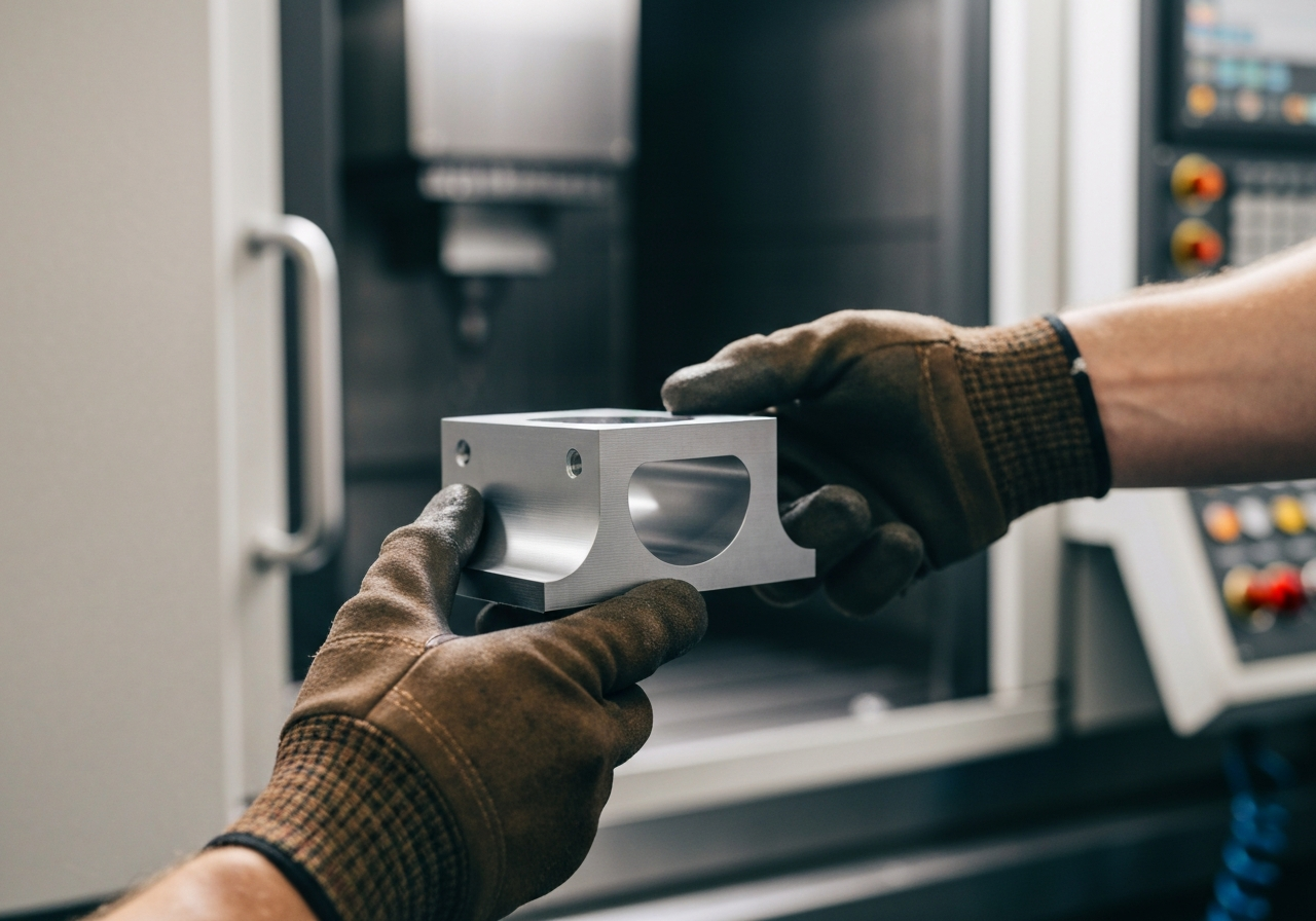 Imagen de primer plano de un operario industrial inspeccionando una pieza de Acetal (POM) recién mecanizada, con una máquina CNC desenfocada al fondo.