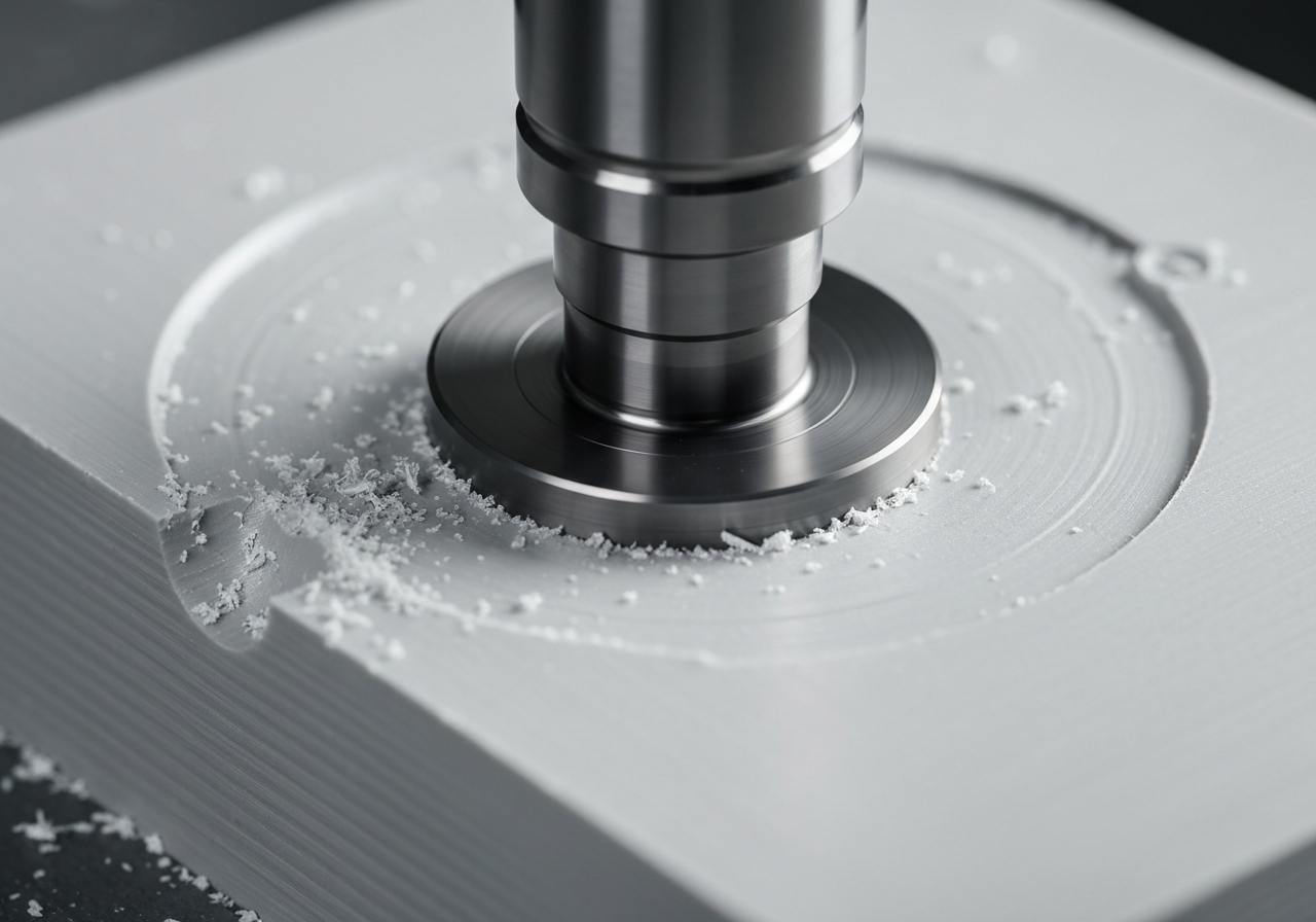 Imagen macro de una fresa de corte de una máquina CNC interactuando con un bloque de plástico de ingeniería, mostrando la precisión del corte y el acabado superficial.