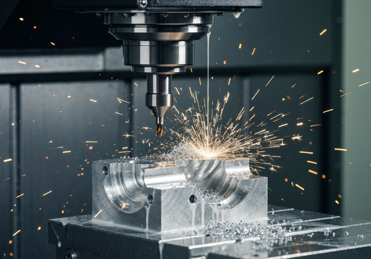 Primer plano fotorrealista de una herramienta de corte de fresadora CNC maquinando un bloque de aluminio, con chispas y virutas de metal, en un taller industrial mexicano.