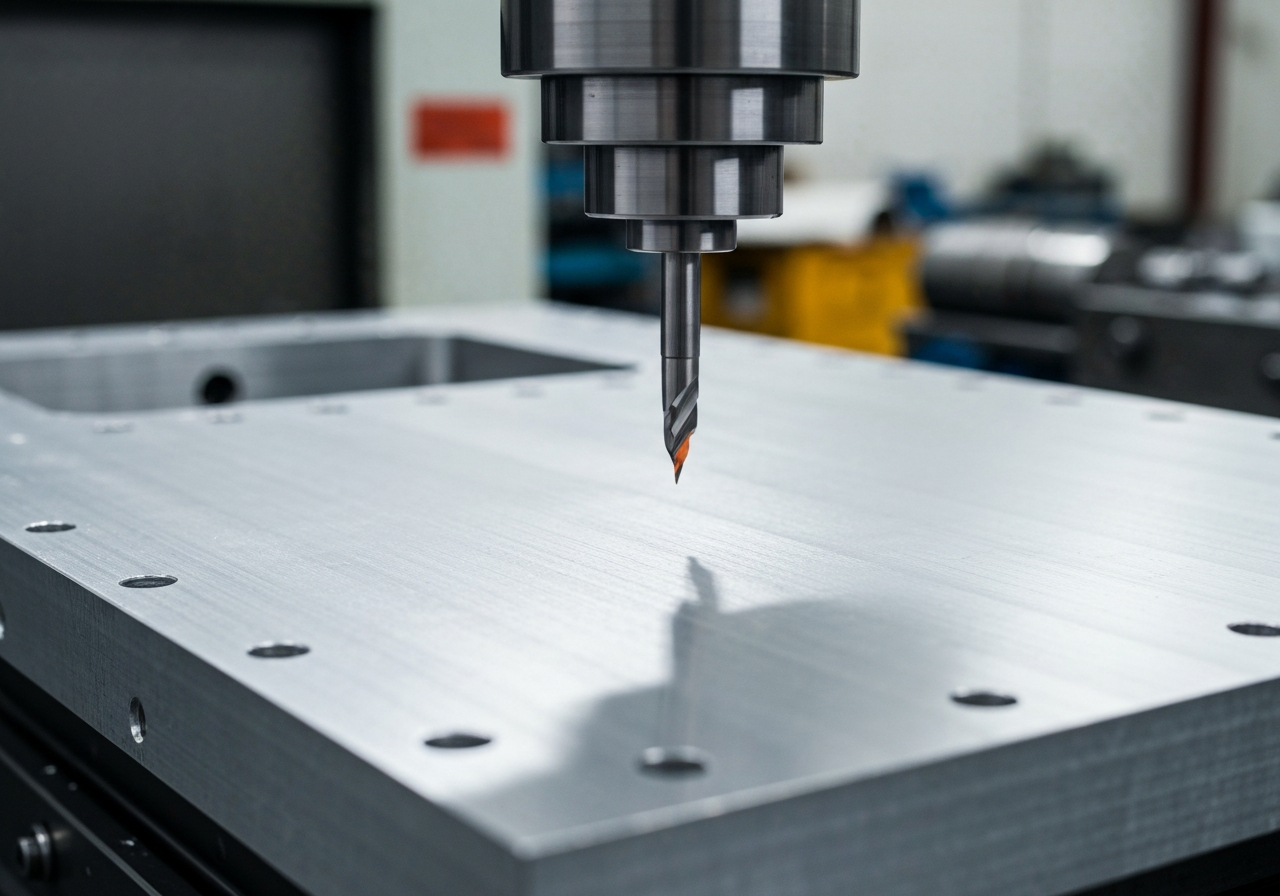 Imagen de un operario industrial mexicano inspeccionando una gran placa de acero recién rectificada en un taller industrial, con máquinas CNC al fondo, enfoque nítido, iluminación profesional.