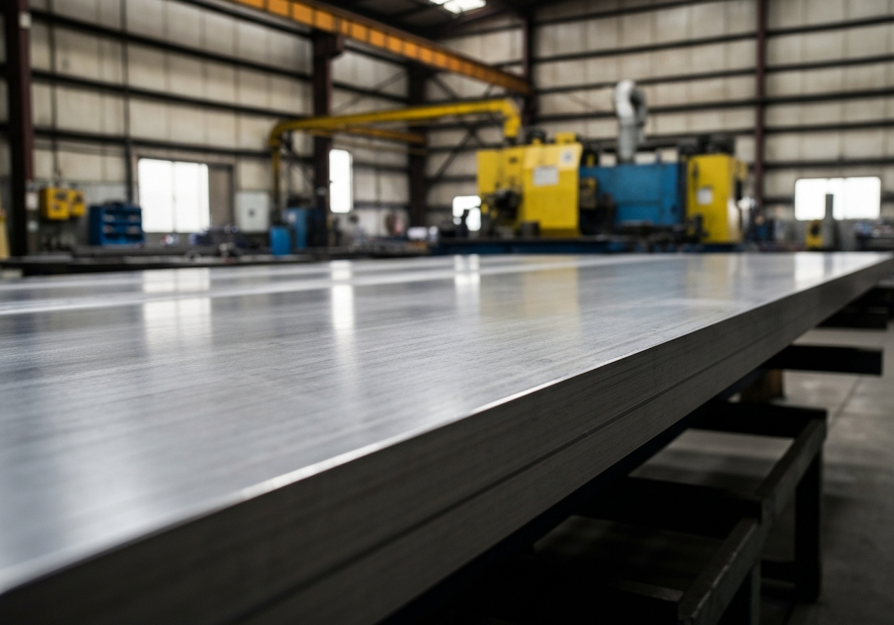 Imagen de primer plano de una gran placa de acero rectificada, mostrando su superficie lisa y altamente plana, con reflejos de la luz industrial, en un entorno de fábrica industrial mexicana.