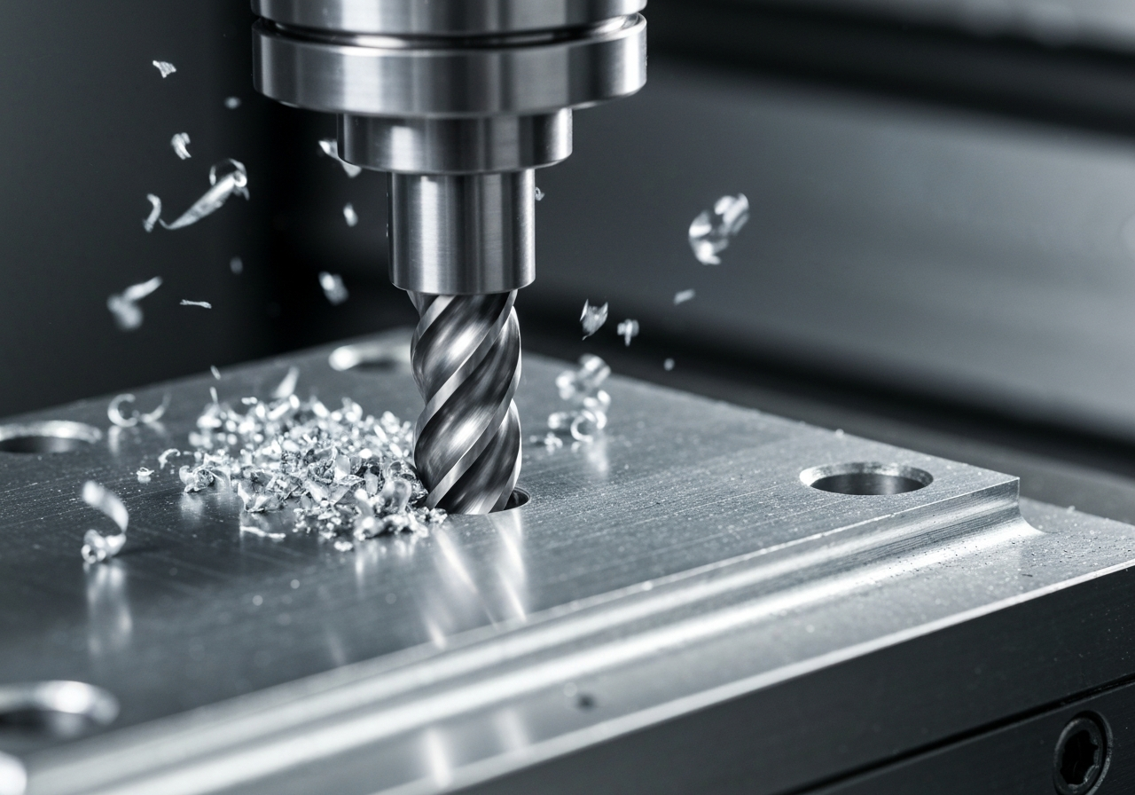 Una toma macro detallada de una fresa de acero de alta velocidad cortando un componente de aluminio 6061 en una máquina CNC, mostrando el acabado superficial preciso y las virutas de metal.