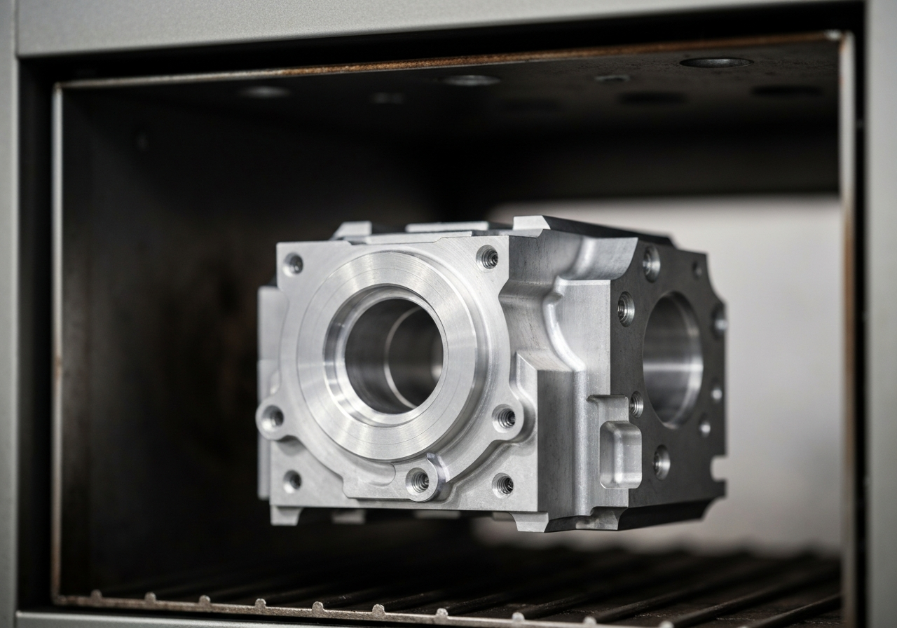 Una fotografía macro de un componente de aluminio mecanizado CNC complejo siendo cargado cuidadosamente en un pequeño horno industrial para el alivio de tensiones, con una luz industrial suave.