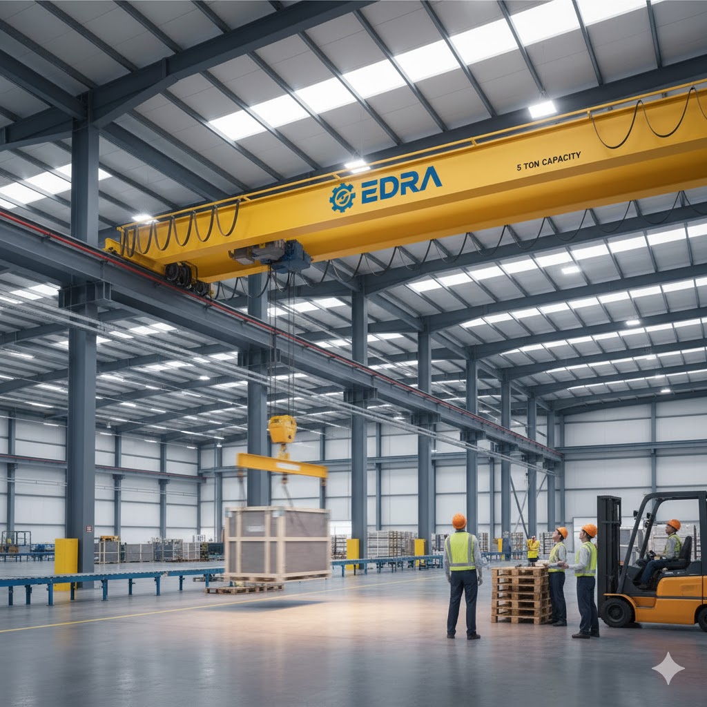 Grúa puente industrial EDRA instalada en almacén para manejo de materiales pesados