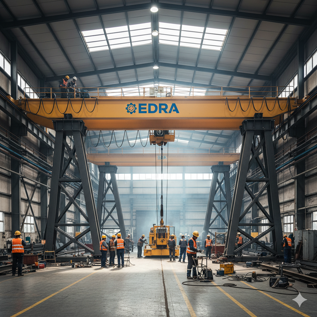 Técnico de EDRA realizando inspección de componentes durante montaje de grúa industrial